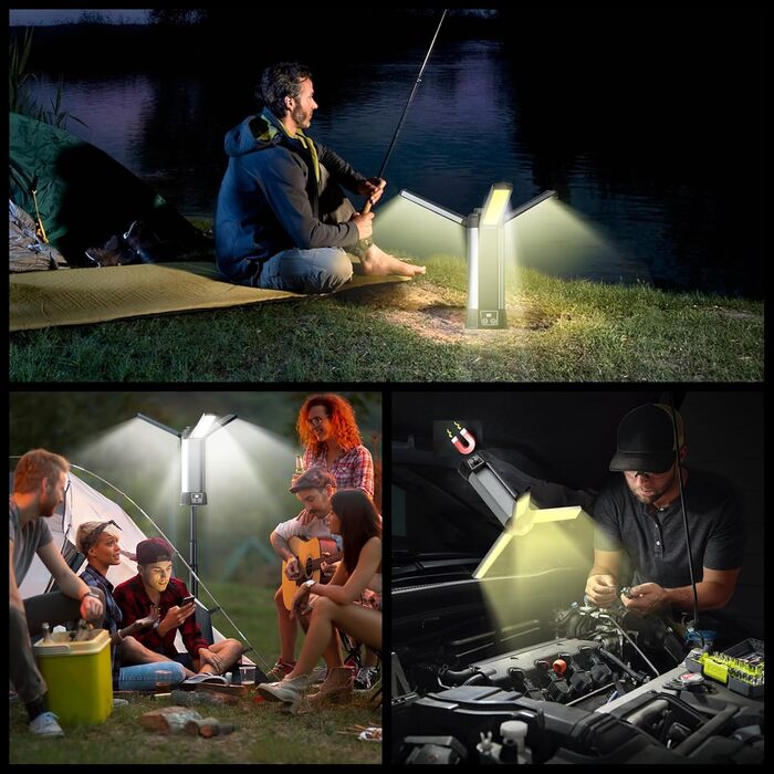 Ліхтар кемпінговий акумуляторний 2000 люменів з регулюванням яскравості та висувним штативом, 6000mAh, 3 кольори світла, для кемпінгу, авторемонту, будівництва