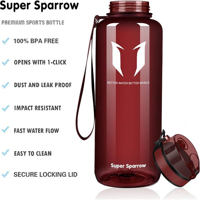 Пляшка для води Super Sparrow 1.5 л, герметична, спортивна, BPA-free, імперсько-червона, для школи, спорту, велосипеда