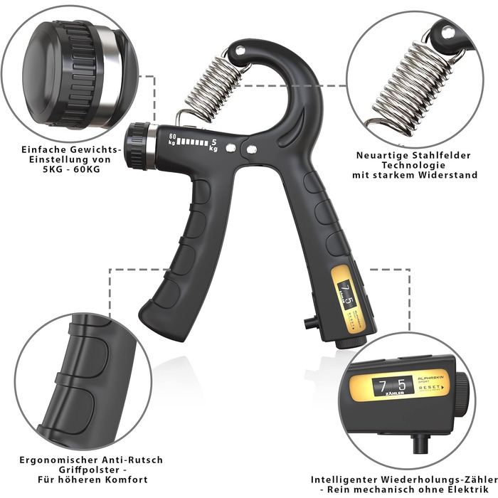 ALPHASKIN Handtrainer Преміум: Набір для тренування сили рук та пальців (2/5 шт.) | Grip Trainer, Підтримка зап'ястя, Фітнес