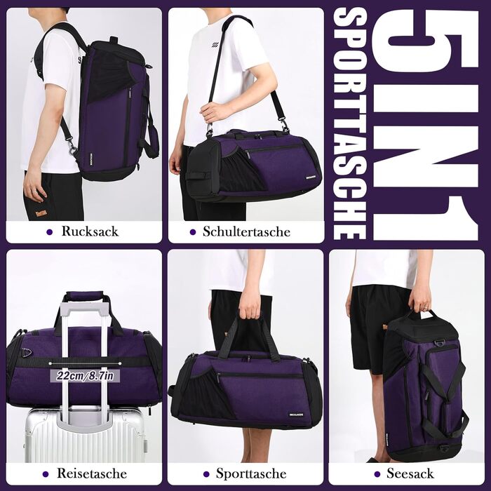 Спортивна сумка чоловіча 40L, рюкзак-трансформер з відділенням для взуття та мокрих речей, водонепроникна, для тренувань, подорожей, універсальна (фіолетовий)