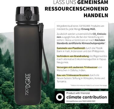 Спортивна пляшка для води 720°DGREE 'uberBottle' 1,5 л з петлею та мотиваційною шкалою, фільтром - не протікає, легка, без BPA - Tritan, для універу, роботи, спорту, фітнесу, тренажерного залу (1000 мл, Чорний онікс)