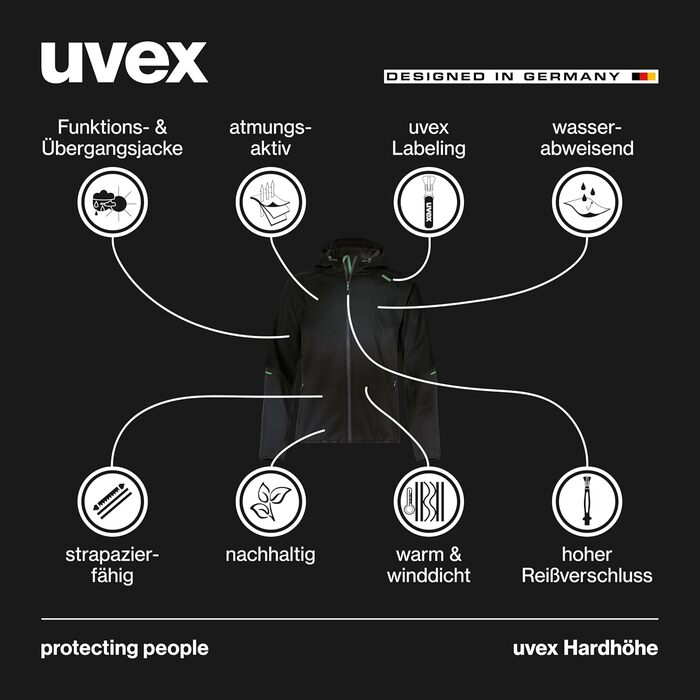 Чоловіча софтшелл куртка uvex Hardhöhe — водовідштовхуюча та дихаюча функціональна демісезонна куртка, чорна, розмір XL