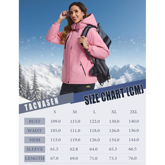 TACVASEN Daen Зимова куртка: водонепроникна, для активного відпочинку, флісова підкладка, знімний капюшон, вітрозахист, сноуборд, білий (рожевий, S)