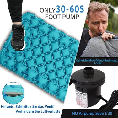 TENQUAN Килимок для кемпінгу самонадувний, 9см - туристичний килимок, повітряний матрац, килимок для сну, клапан, насос, для авто, намету, трекінгу, пляжу (блакитний/сірий)