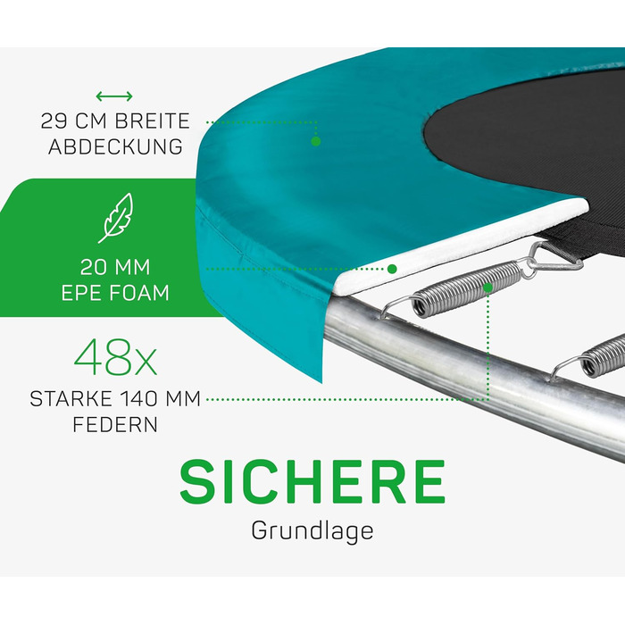 Трамплін Salta Comfort Edition (різні діаметри) – ⌀183/213/251/305/366/396/427cm – Сертифікований TÜV – Кольори: зелений/рожевий – Круглий, для вулиці, з комплектом: мат, сітка, пружини, захисний бордюр