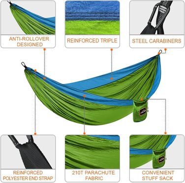 Гамак Anortrek Outdoor для відпочинку на природі, 1 особа, 280x140 см, до 249 кг, ультралегкий, з ременями для дерев, дихаючий, для кемпінгу, подорожей, пікніків (Оливковий/Синій)