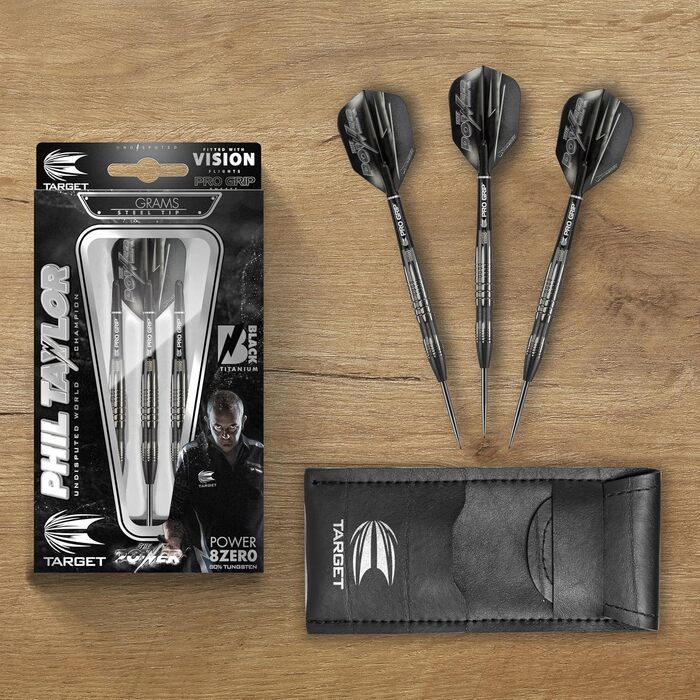 Дартси Target Phil Taylor Power 8-Zero 1, 80% вольфрам, 21/23/25 г, сталевий наконечник, чорні, з кейсом