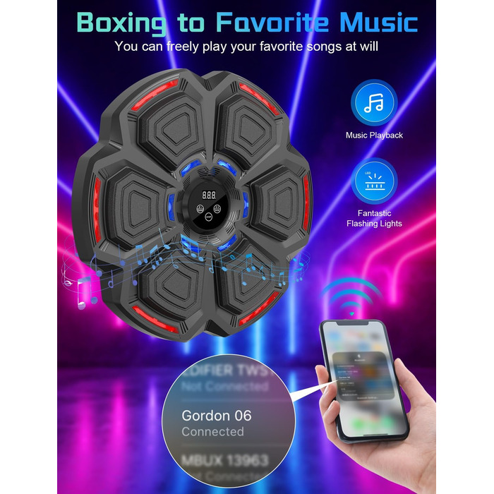 Музична боксерська машина з LED-підсвіткою та Bluetooth, 9 режимів швидкості, підрахунку ударів, рукавички в комплекті. Для дорослих та дітей