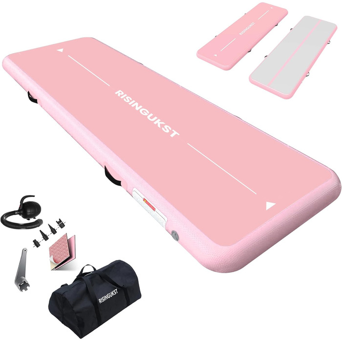 Надувна гімнастична матка Air Matte Track - 600x100x20 см (зелена та рожева) з повітряним насосом