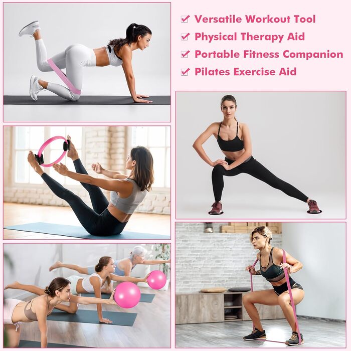 Pilates-кільце Goocrun з еспандером, м'ячем та слайдерами для фітнесу вдома – постер в комплекті (Рожевий, середній рівень)