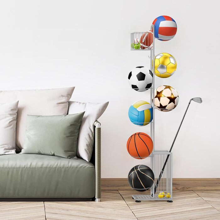 Металева стійка для м'ячів Smusei, 7-ярусна, з 2 кошиками та гачками. Організатор для баскетболу, футболу, волейболу та інших м'ячів. Сріблястий колір