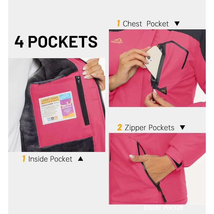 Зимова куртка KEFITEVD Daen з підкладкою з флісу, тепла перехідна куртка-скі-куртка з капюшоном та кишенями на блискавці, вітронепроникна, для сноуборду (S, Рожево-червоний)