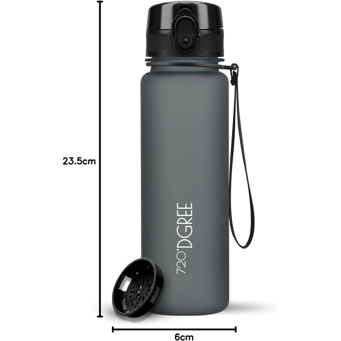 Пляшка для води 720°DGREE 'uberBottle' з ситечком, Tritan, 500 мл, чорна матова - для спорту, школи, фітнесу, велосипеда, дітей
