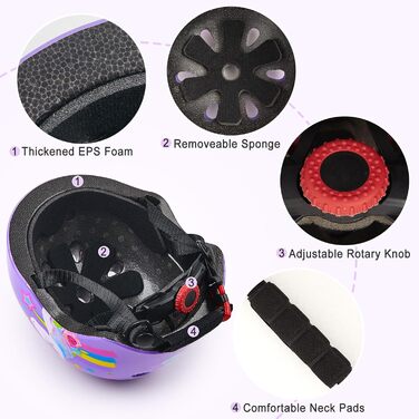 Дитячий шолом Unicorn Castle 7-в-1 з наколінниками, налокітниками та захистом зап'ястків для скейтборду, роликів, велосипеда (3-8 років), фіолетовий