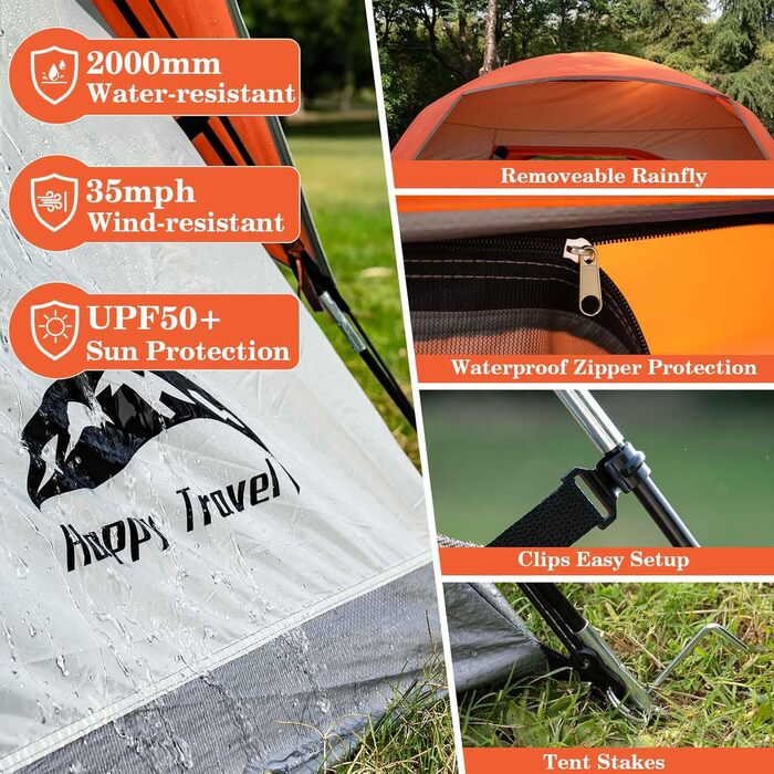Намет кемпінговий Happy Travel для 6 осіб, купольний, з тентом, водонепроникний, помаранчево-червоний в смужку (Sunset Chevron). Легкий у встановленні, сітчасті вікна, збільшена висота стелі.