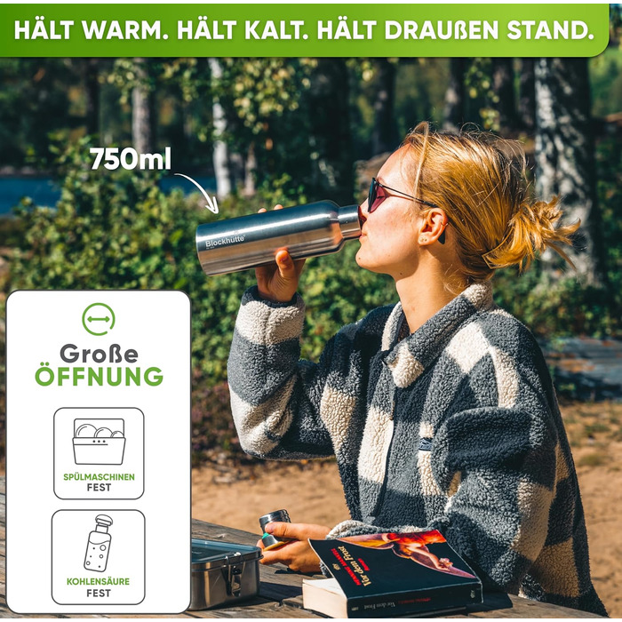 Термос-пляшка з нержавіючої сталі Premium 750 мл з щіткою з натуральної щетини | Ізольована, не протікає, для спорту та відпочинку | Без BPA, срібляста