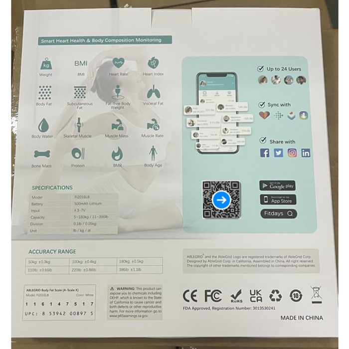 Електрична вага для вимірювання складу тіла ABLEGRID з LED-дисплеєм, рожева. Вимірює жир, м'язи, BMI, частоту серця та інші параметри (16 показників). Макс. вага: 180 кг