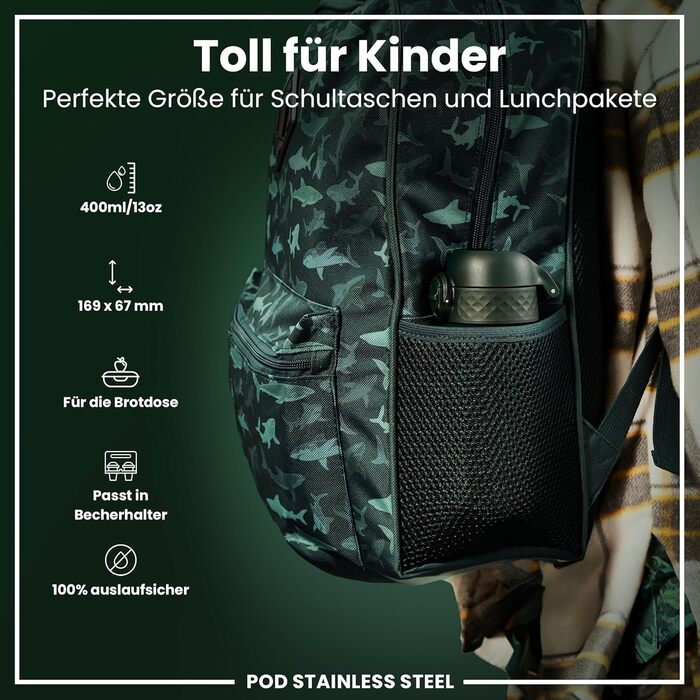 Дитяча пляшка для пиття Ion8 Evo, нержавіюча сталь, 400 мл, без ізоляції, не протікає, відкривається однією рукою, безпечне закриття, можна мити в посудомийній машині, з клапаном, з ручкою, легка у догляді, темно-зелена