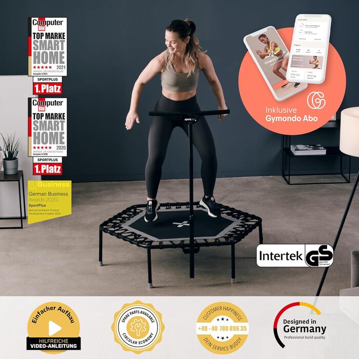 Фітнес-батут SportPlus для дому, 126 см, тиха гумова підвіска, 5-рівнева ручка, до 130 кг, індор-тренування