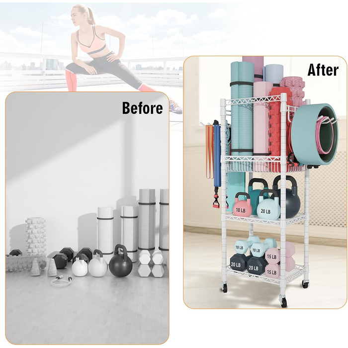 Органайзер для домашнього спортзалу FUTASSI S1, 3 яруси, на колесах, для килимків для йоги, ролерів, гантелей, гир та еластичних стрічок, 120 x 70 x 30 см, білий