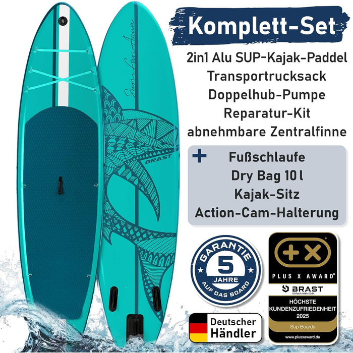 SUP дошка BRAST Shark надувна, 320x81x15 см, комплект з аксесуарами (каяк-сидіння, камера, помпа, рюкзак) - 5 років гарантії, колір: бірюзовий