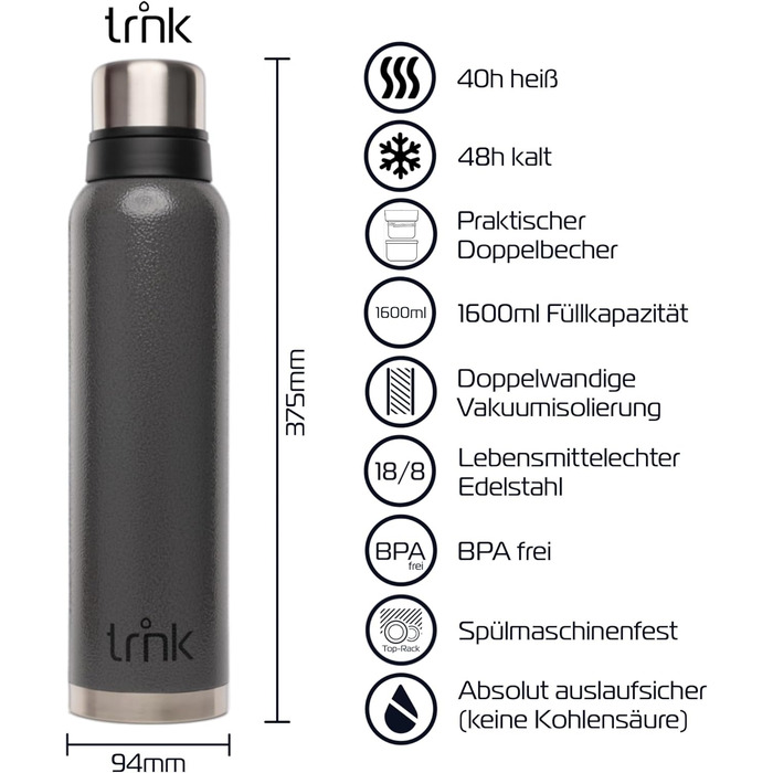 Термос TRNK Outdoor Polar 2, 1600 мл, нержавіюча сталь, BPA-free, з двома чашками, тримає тепло до 40 годин, підходить для посудомийки, колір вулканічний сірий