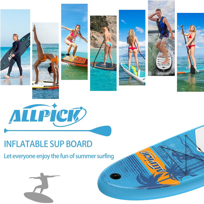 Надувна SUP-дошка ALLPICK Premium, 180 кг, з камеротримачем, веслом і аксесуарами, для початківців і досвідчених, синя для океану