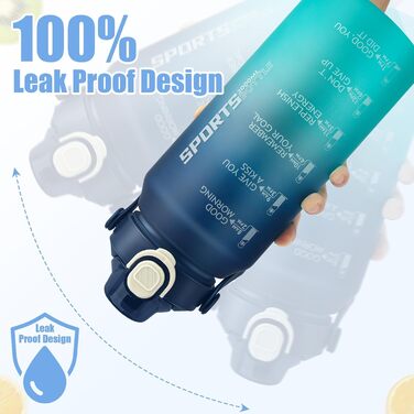 Спортивна пляшка для води MOMSIV 2L з трубочкою та відсіком для фруктів, з позначками часу, чорна (блакитно-зелена), BPA-Free