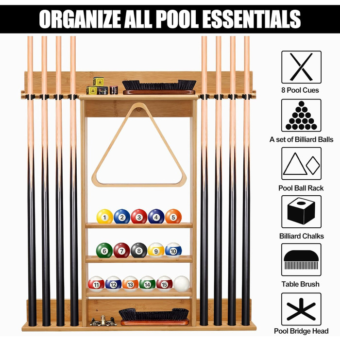 Стенд для київ (8 шт.) та м'ячів, бамбуковий, аксесуар для більярдного столу