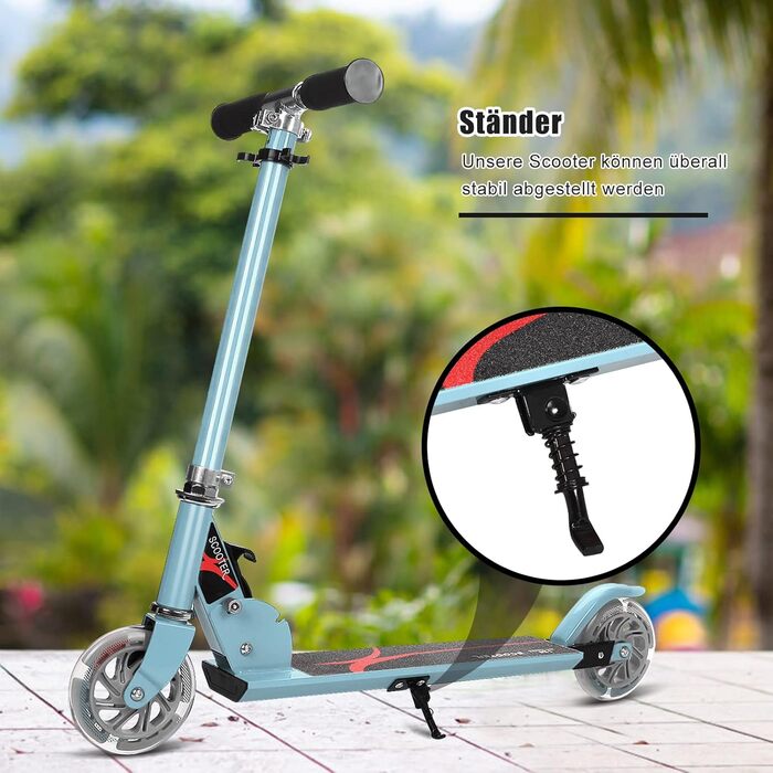 Дитячий ролер COSTWAY з LED-колесами, для дітей від 4 років, до 70 кг, регульована висота, блакитний