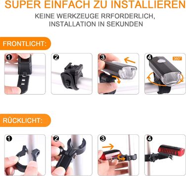 Велофара ITSHINY USB - комплект переднього та заднього світла, водонепроникний, з алюмінію, LED, StVZO, чорний