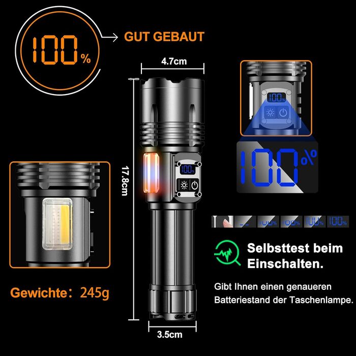 Тактична ліхтарик Relybo: перезарядна, 1000000 люмен, 9 режимів, COB бічне світло, USB-C, для кемпінгу та надзвичайних ситуацій