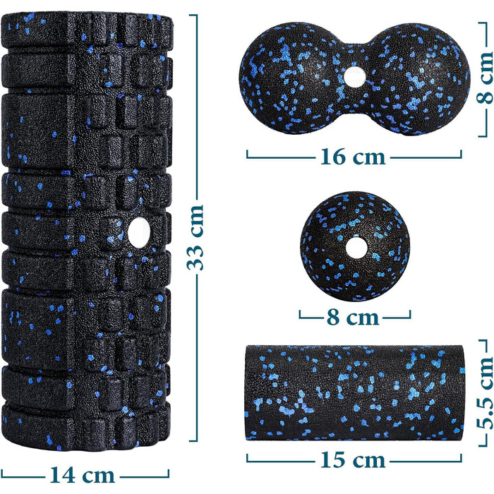 Набір масажних роликів для м'язів та фасцій (Foam Roller Set): великий ролик, міні-ролик та дуо-бол для йоги та відновлення, синій