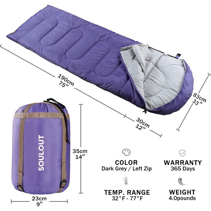 Сплячий мішок SOULOUT 3-4 сезони - Водонепроникний, легкий, 220 x 83 см (фіолетовий, блискавка справа)