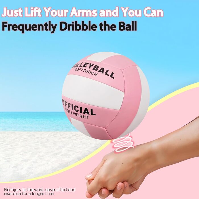 Волейбольний м'яч Aipwerer: для тренувань, пляжу, залу. Водостійкий, Soft Touch, рожевий. У комплекті насос та сумка