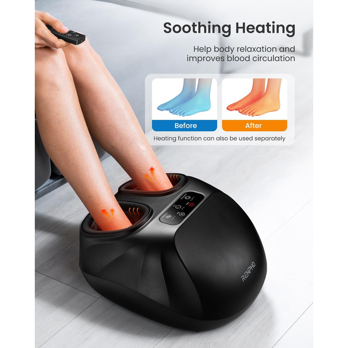 Масажер для ніг RENPHO з підсвічуванням, Shiatsu, нагрів, пульт, для чоловічих ніг до 48 розміру ЄС, чорний 069R