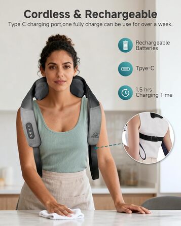 Масажер для шиї та спини Snailax Shiatsu бездротовий з підігрівом, 4D ролики, акумуляторний, USB-C, чорний