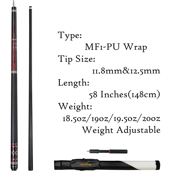 Професійний більярдний кий Moyerely з карбону, 11.8/12.5 мм, низька відхилення, з чохлом MF1-PU Wrap + подовжувач 11.8 мм