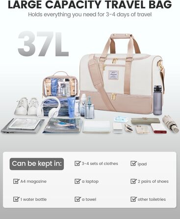 Сумка-валіза LOVEVOOK для жінок, 37L, для подорожей, вихідної подорожі, пологового будинку з косметичкою, відділенням для взуття та мокрих речей, водонепроникна спортивна сумка, Gym Yoga Bag, ручна поклажа для спорту, відпустки, літака, бежево-рожева