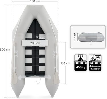 Надувне човен CO-Z для 2-4 осіб, сірий: 230x130x33см / 300x150x42см з веслами та насосом. Рибальський човен з алюмінієвим дном та сидінням.