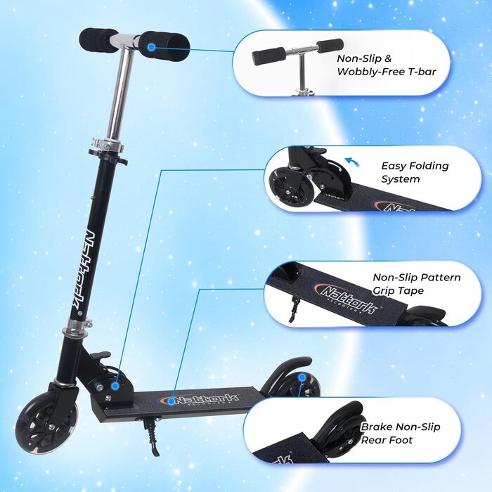 Дитячий роликовий самокат Nattork, легкий та портативний, з регулюванням висоти та гальмом, до 50 кг, NAVY-BLUE