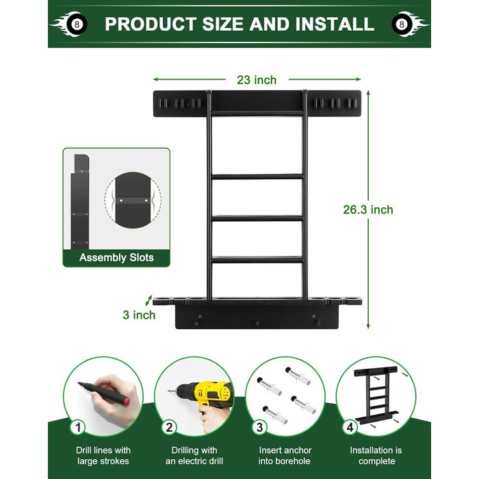 Стенд для більярду на 6 київ Regal, чорний колір, з полицею для аксесуарів, з дуба, для ігрової кімнати, клубу або чоловічої зони