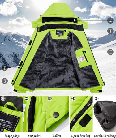 TACVAEN Куртка перехідна жіноча тепла зимова фльорокована куртка для хаджінг, водонепроникний блискавка, біло-чорний (XL, неоново-зелений)