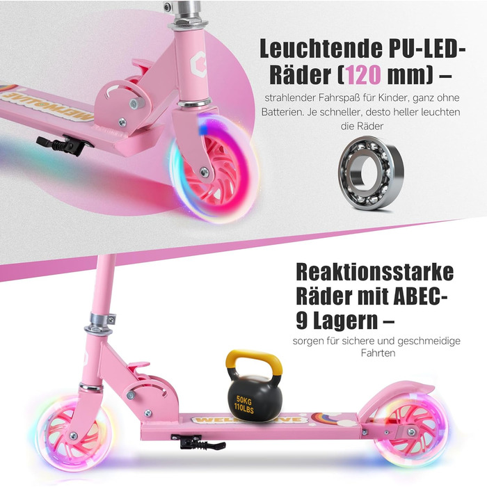 Самокат дитячий Roller Kinder 2 колеса, складаний, рожевий, з LED підсвіткою, регульована висота (3-12 років)