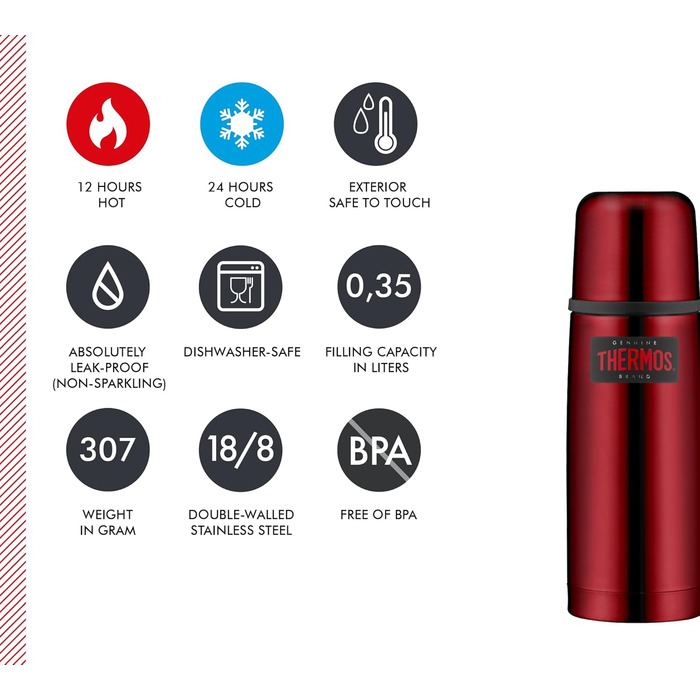 Термос із нержавіючої сталі Thermos Light & Compact 0,35 л, червоний, із чашкою, зберігає тепло 12 годин, холод 24 години, герметичний, BPA Free, можна мити в посудомийці