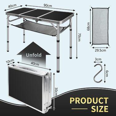 Стіл для кемпінгу CPROSP, розкладний, 90x40 см, чорний, регульована висота 26-70 см