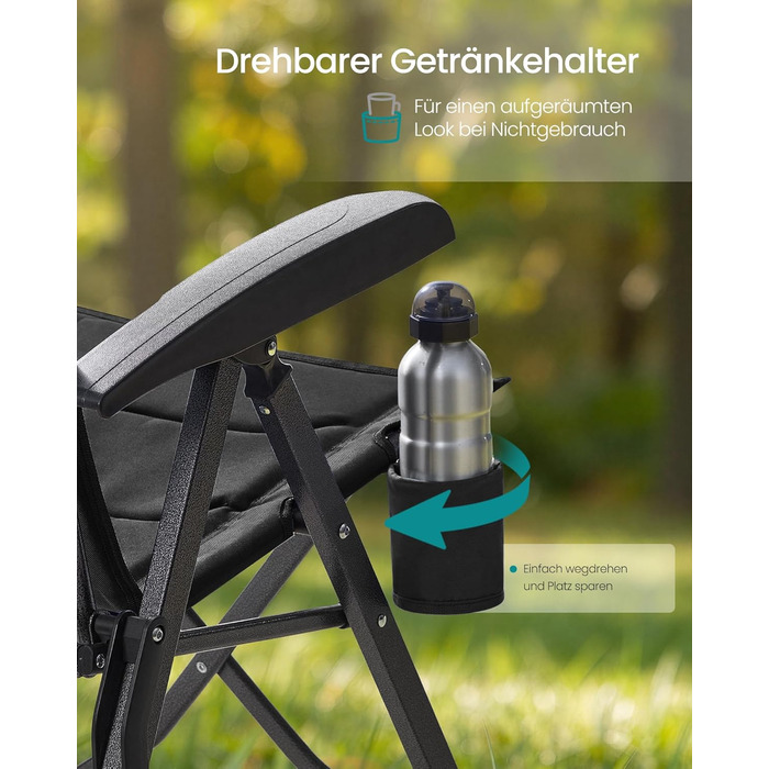 Складний туристичний стілець SONGMICS для відпочинку, риболовлі та кемпінгу, чорний, з регульованою спинкою 95°-150°