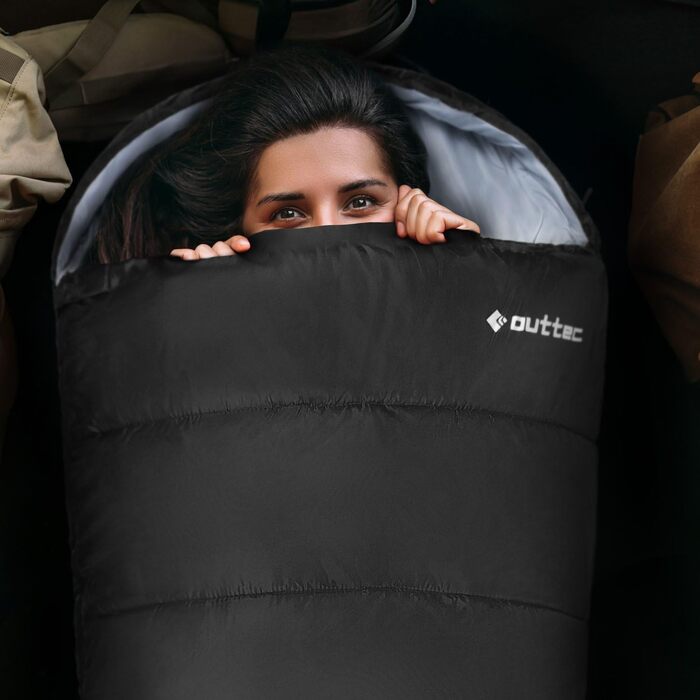Спальний мішок Outtec з капюшоном, мумієподібний, ультралегкий, компактний, для кемпінгу, дітей та дорослих, для активного відпочинку, чорний