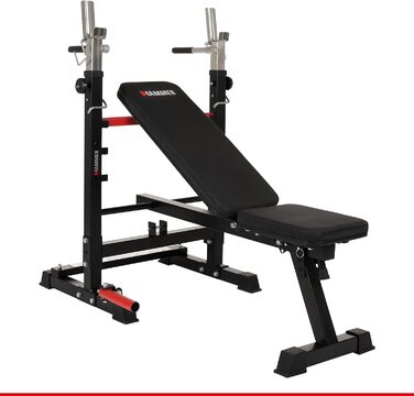 Тренувальна лава Hammer Force 4.0 з раком, складана, з нахилом та плоскою поверхнею, вантажопідйомність 180 кг, ручки для віджимань, стійка для штанги, регульована, для дому, жим лежачи