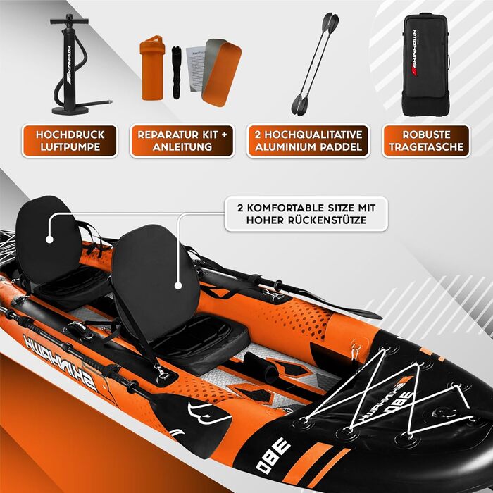 Надувний каяк SKINHAWK Exclusiv Orange 380x96 см для 2 осіб, комплект для сплаву, помаранчевий каное-шлюпка